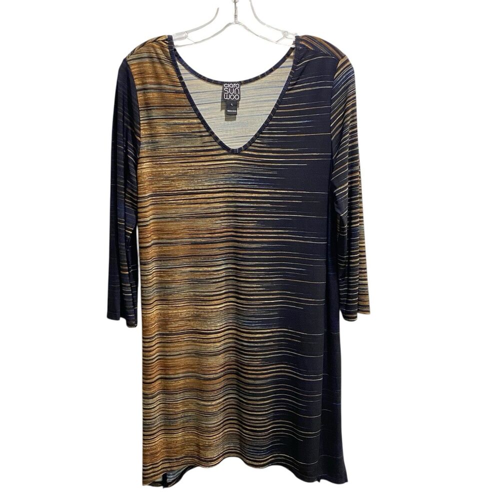 CIERA SUN WOO Striped MINI Slinky Poly Knit L Dress Asymmetrical Hem Spandex